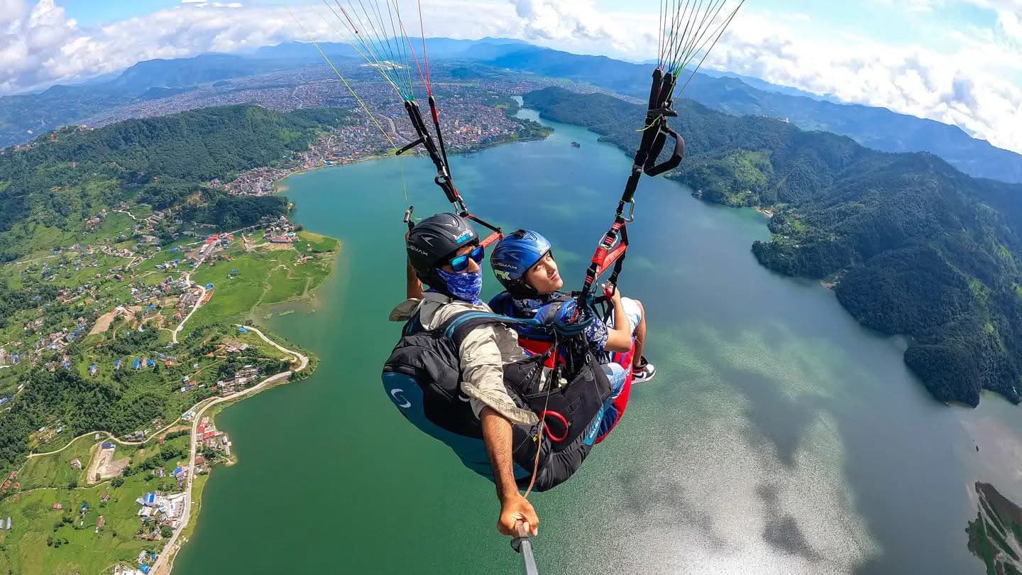 Tandem flying above Phewa Lake